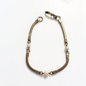 Vintage Gold Tone Freshwater Pearl Snake Chain Bracelet 7.5"